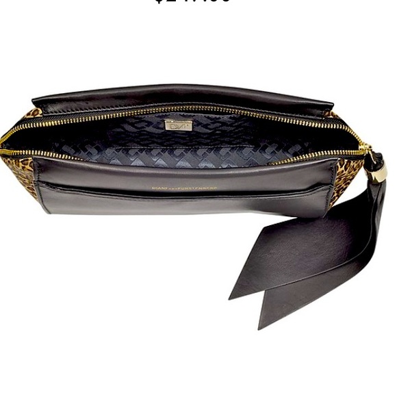 NIB Diane von Furstenberg Zip & Go Black Leather Clutch, Leopard Print Calf Hair - Picture 2 of 5